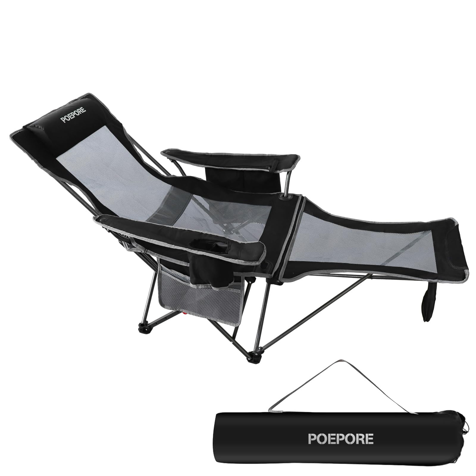 Reclining Camping Chair 4 Position with Foot Rest Comfortable for Adults 265Ibs Folding Lounger Mesh Beach Chair with Cooler Bag and Cup Holder for Outdoor Patio