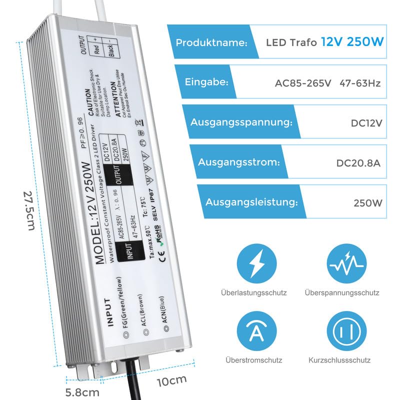 Trasformatore LED 12 V 250 W IP67, trasformatore impermeabile per esterni, con spina, alimentatore a LED, driver da 230 V a DC 12 Volt, adattatore LED Driver esterno per luci LED