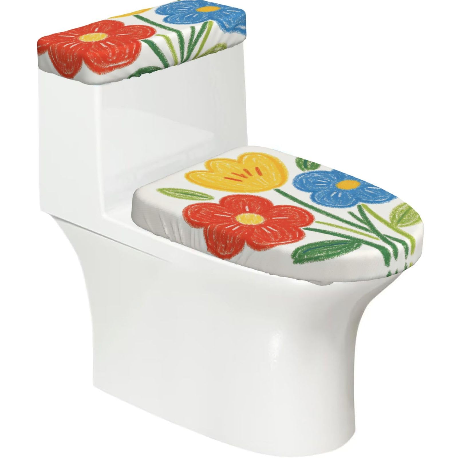 Color Pencil Art Elastic Toilet Cover Set of 2-Stretchy Lid and Tank Covers for Bathroom, Soft Washable U Shape Toilet Decor