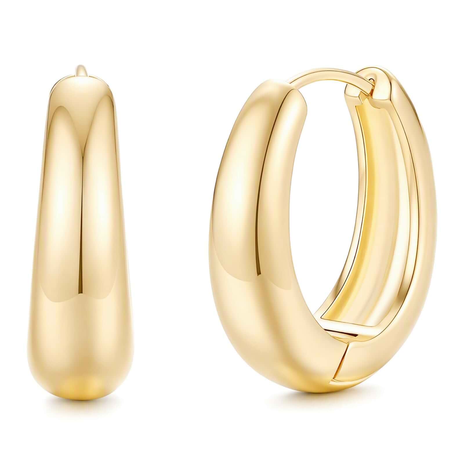 14K Gold Chunky Teardrop Oval Huggie Hoop Earrings for Women 19mm, Inner Groove Lightweight Design Hypoallergenic Polished Click-Top Earrings Daily Jewelry Gifts