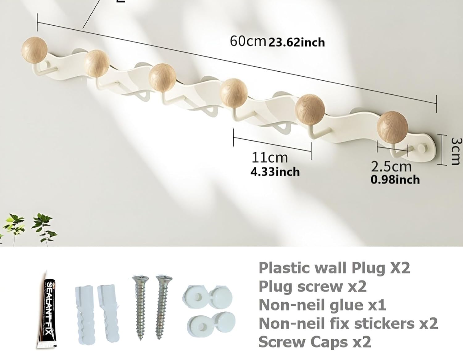 Coat Rack Wall Mount,White Wall Hooks Adhesive & Screw in,Anti-Tear Wooden Ball Hook Rail, Heavy Duty Metal Coat Hanger Wall Mount for Entryway, Bathroom, Bedroom, Kitchen 2PACK(6-tri Hooks) - Image 2