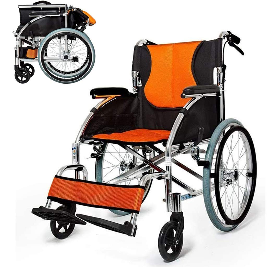 MU Silla de Ruedas Autopropulsada, Manual de Aleación de Aluminio Plegable Ligero con Pedales Ajustables Doble Freno para Discapacitados/Manual de Edad Avanzada Cesta