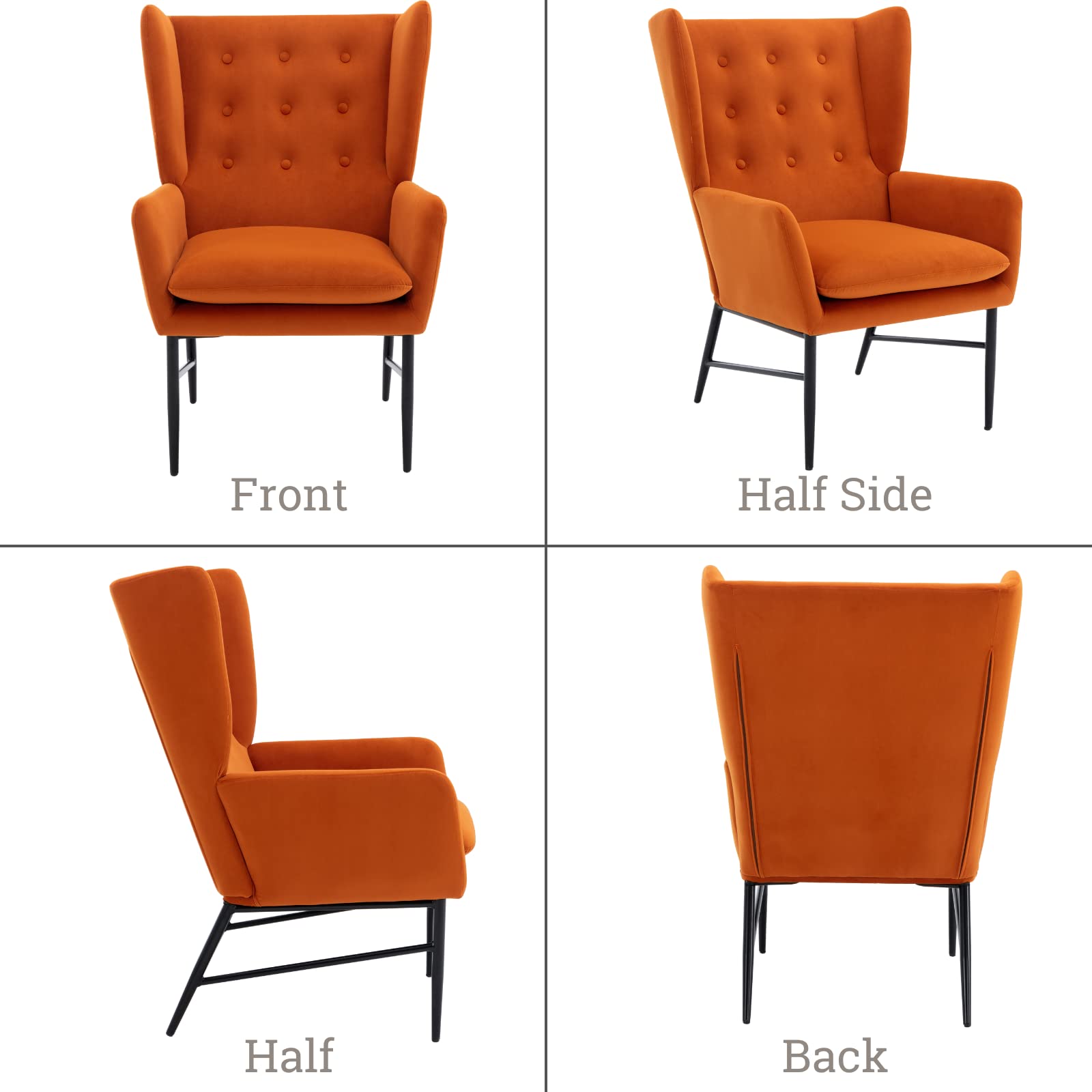 Wahson Sillón de Salón Relax Tapizado de Terciopelo con Reposabrazos Butaca de Ocio de Asiento Grueso con Patas Negras Metálicas para Sala de Estar/Balcón/Habitación(Naranja)