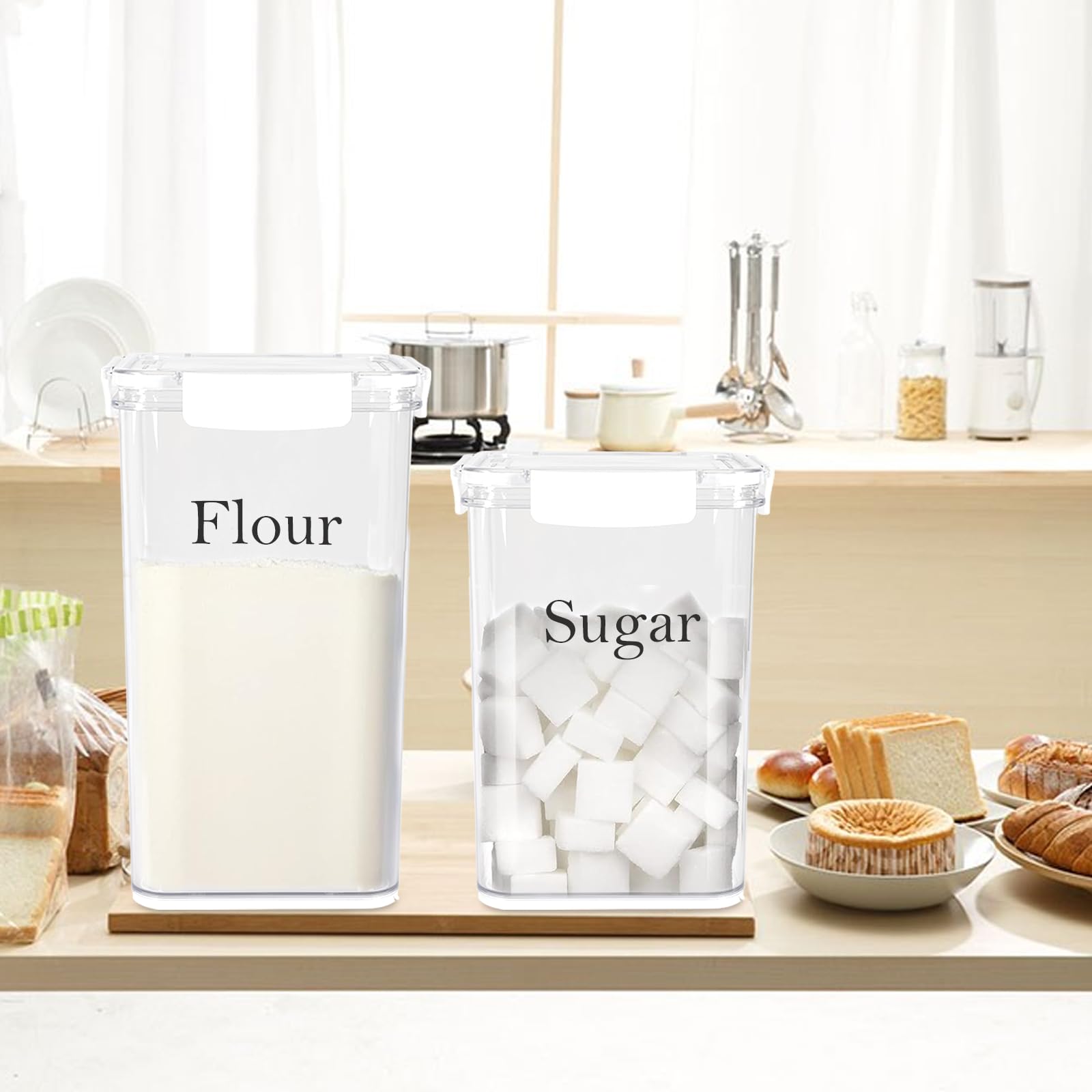 Juego de 2 tarros grandes de almacenamiento de alimentos de 4 L, recipientes herméticos con tapas, color blanco con cuchara gratis, recipientes de cocina para azúcar, harina, café,