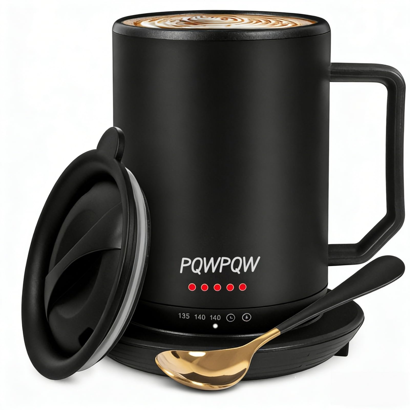 PQWPQW 12oz smart temperature control heated coffee mug black with lid and charging coaster