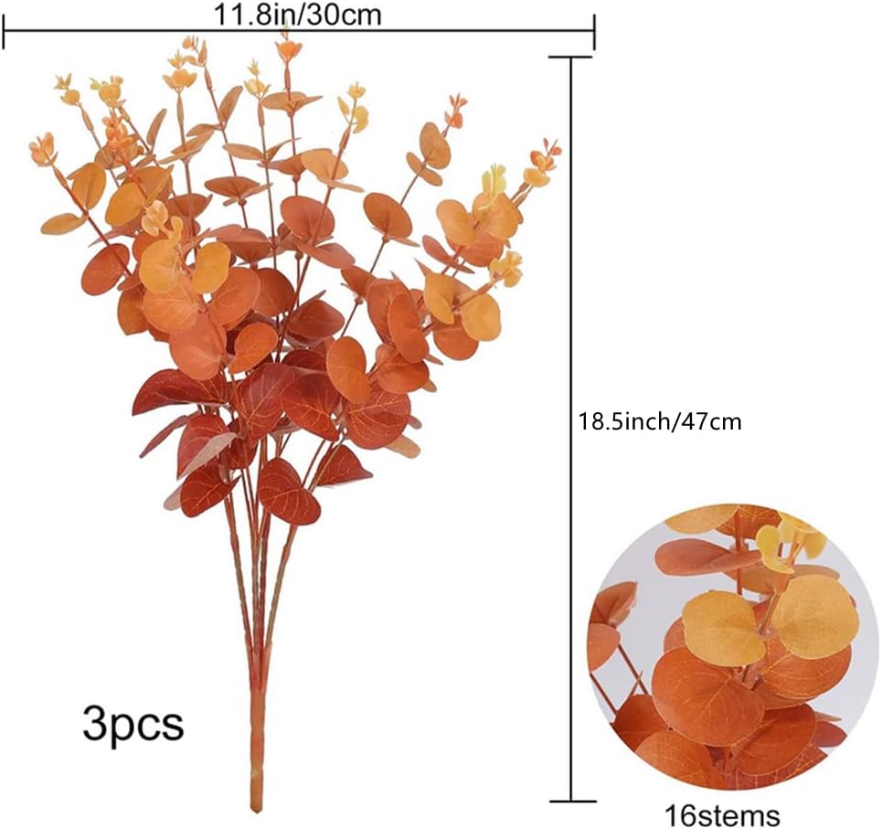 NatureMan 3Pcs Artificial Eucalyptus Leaves Branches Autumn Wedding Bouquet Centerpiece for Thanksgiving Halloween Decor Dining Table Centerpieces Decor (Orange) - Image 4
