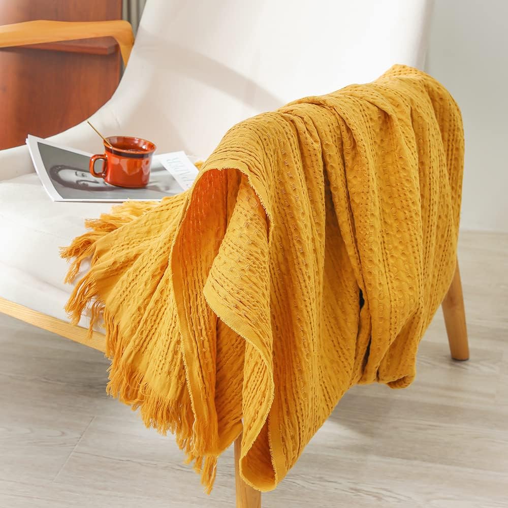 Simple&Opulence 100% Cotton Throw Blanket for Couch, Bed, Waffle Weave Knit Blanket with Tassels, Soft Lightweight Pre-Washed Breathable Cozy Blanket Farmhouse Decoration for All-Season (Gold Yellow) - Image 7