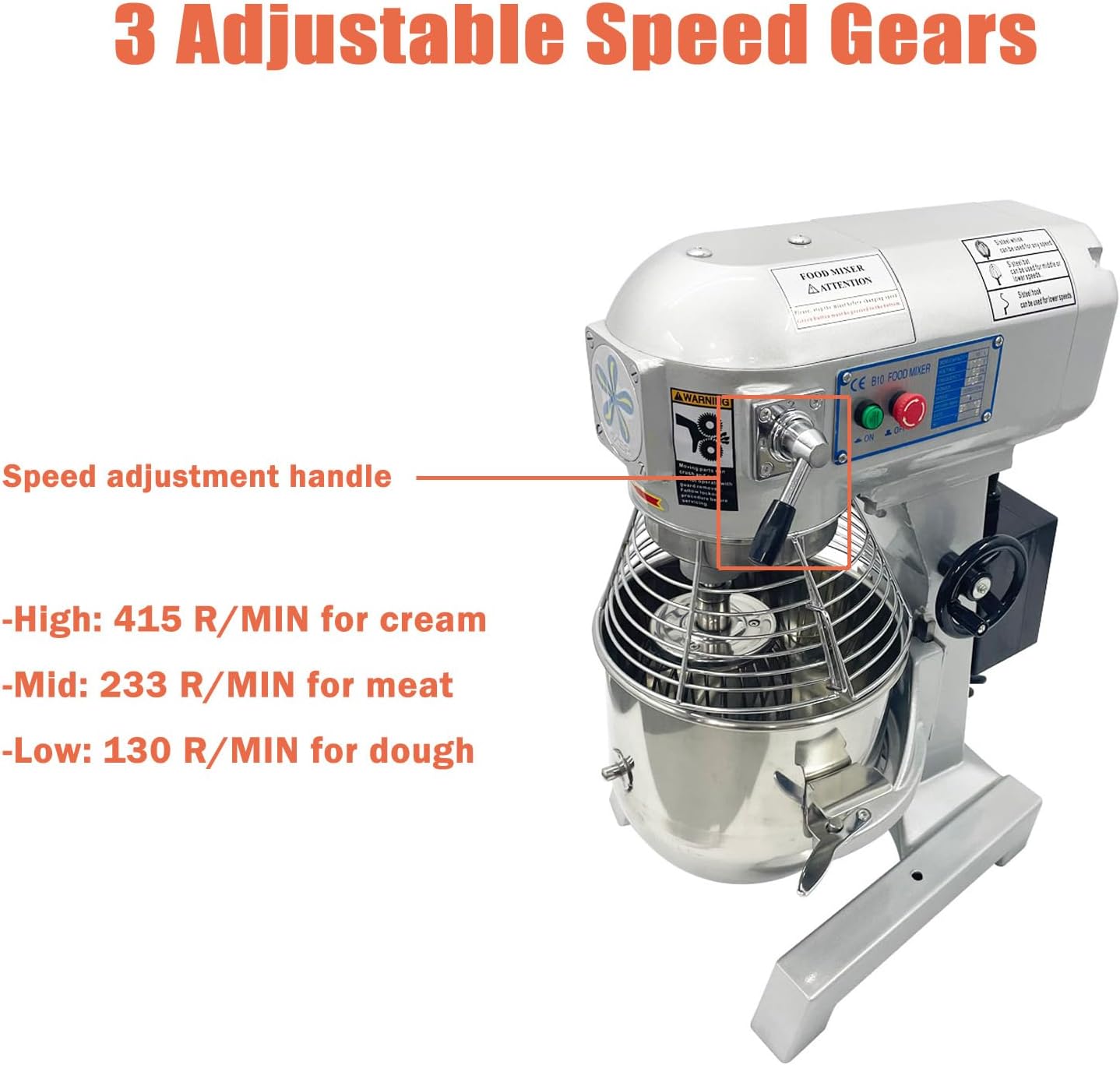 Dough Mixer 10L Commercial Dough Kneading Mixing Machine with Emergency Stop Switch 3 Speed Adjustable for Bakehouse Hotel Restaurant Canteen School 110V 450W