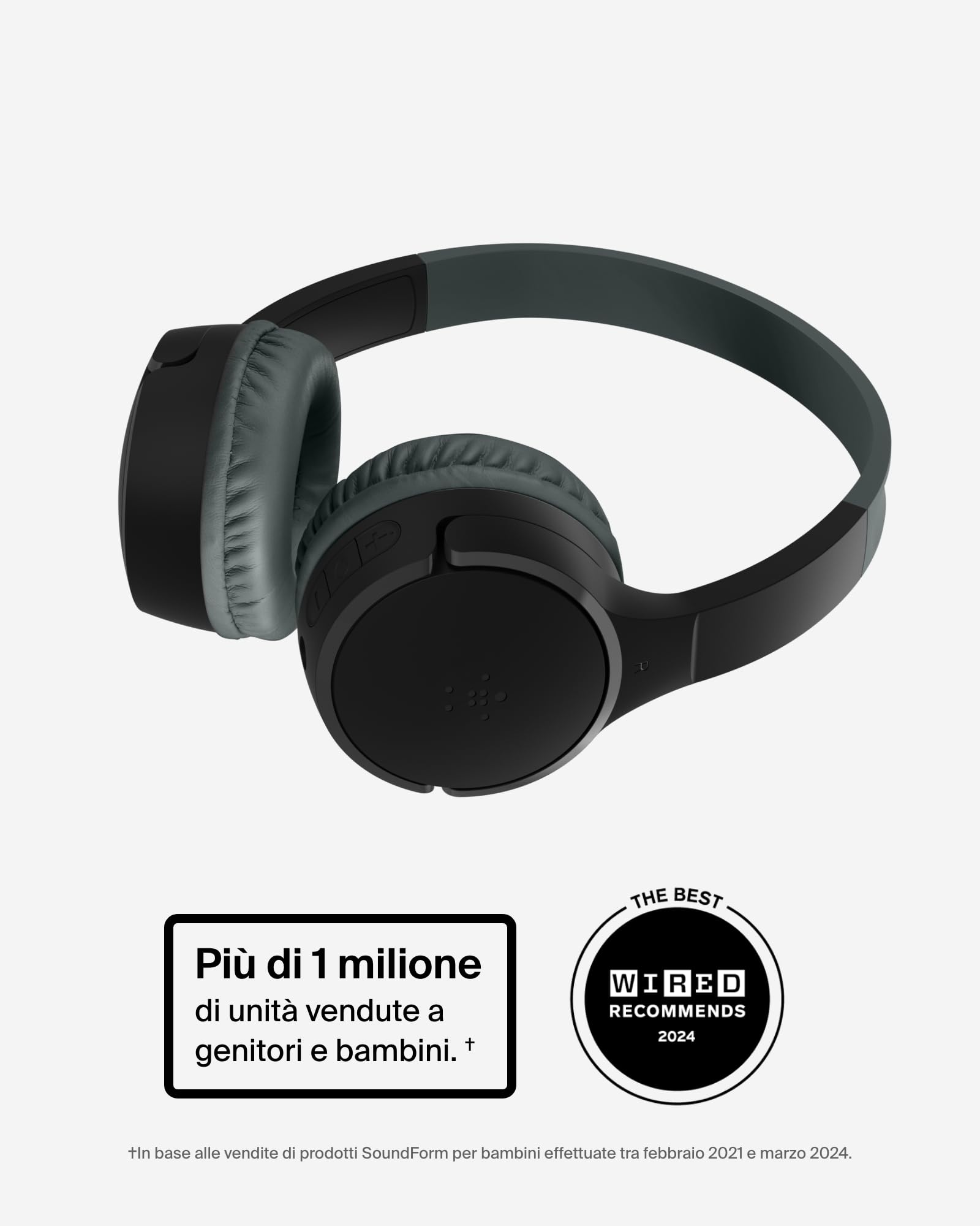 Belkin SoundForm Mini Cuffie wireless per bambini con microfono, 30 ore di riproduzione, adesivi divertenti, headset over-ear per didattica online, scuola e viaggi, per iPhone, iPad e Galaxy, nero