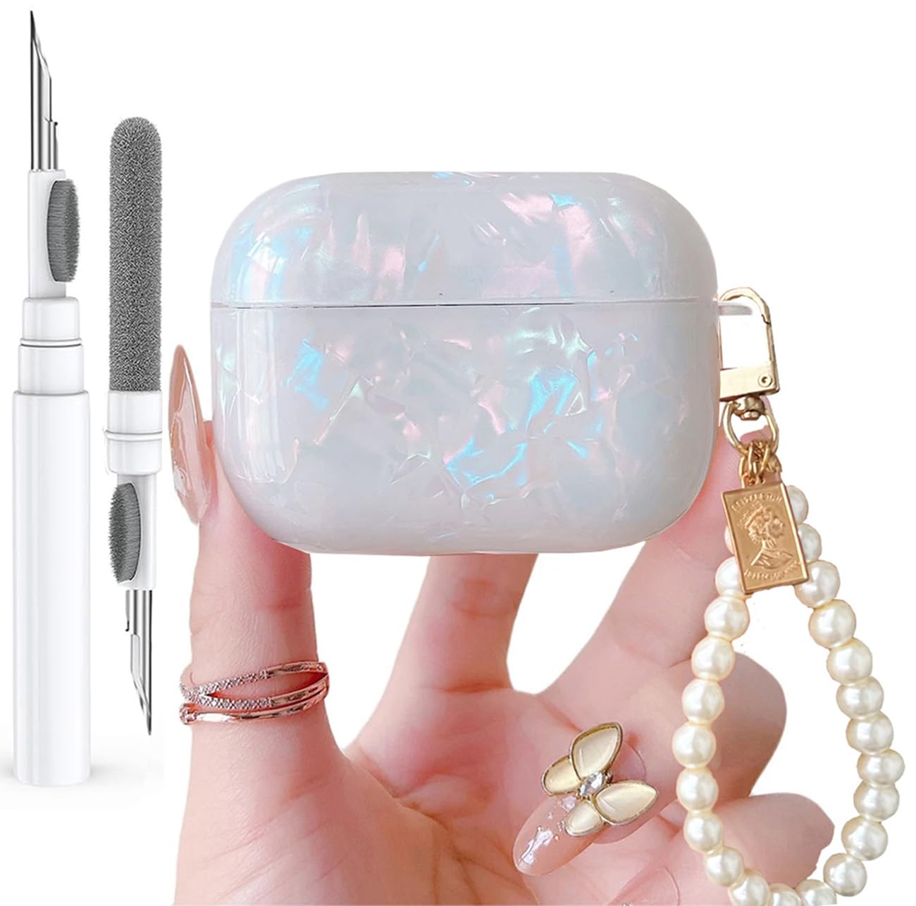 Olytop for Cute Glitter Airpods Pro/Pro 2 Gen Case with Cleaner Pen, Shell Pattern iPod Pro 2nd/1st Generation Cover Protective Skin Girl Women with