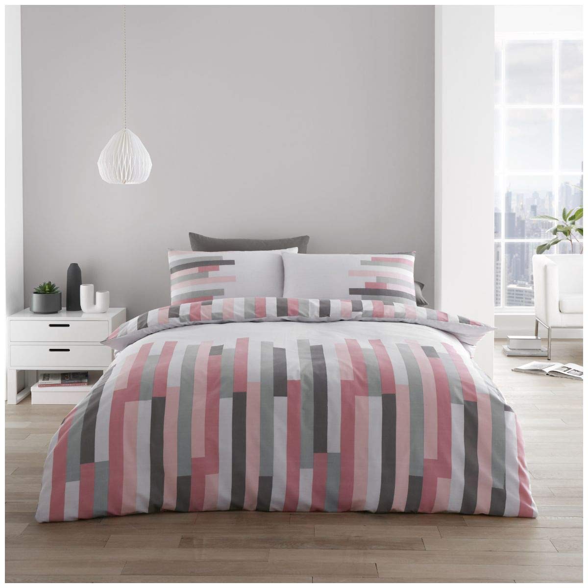 Gc Gaveno Cavailia Blush Pink Block Stripe Duvet Cover Set, Geometric Single Bedding Sets, Polycotton Bed Covers, Pink
