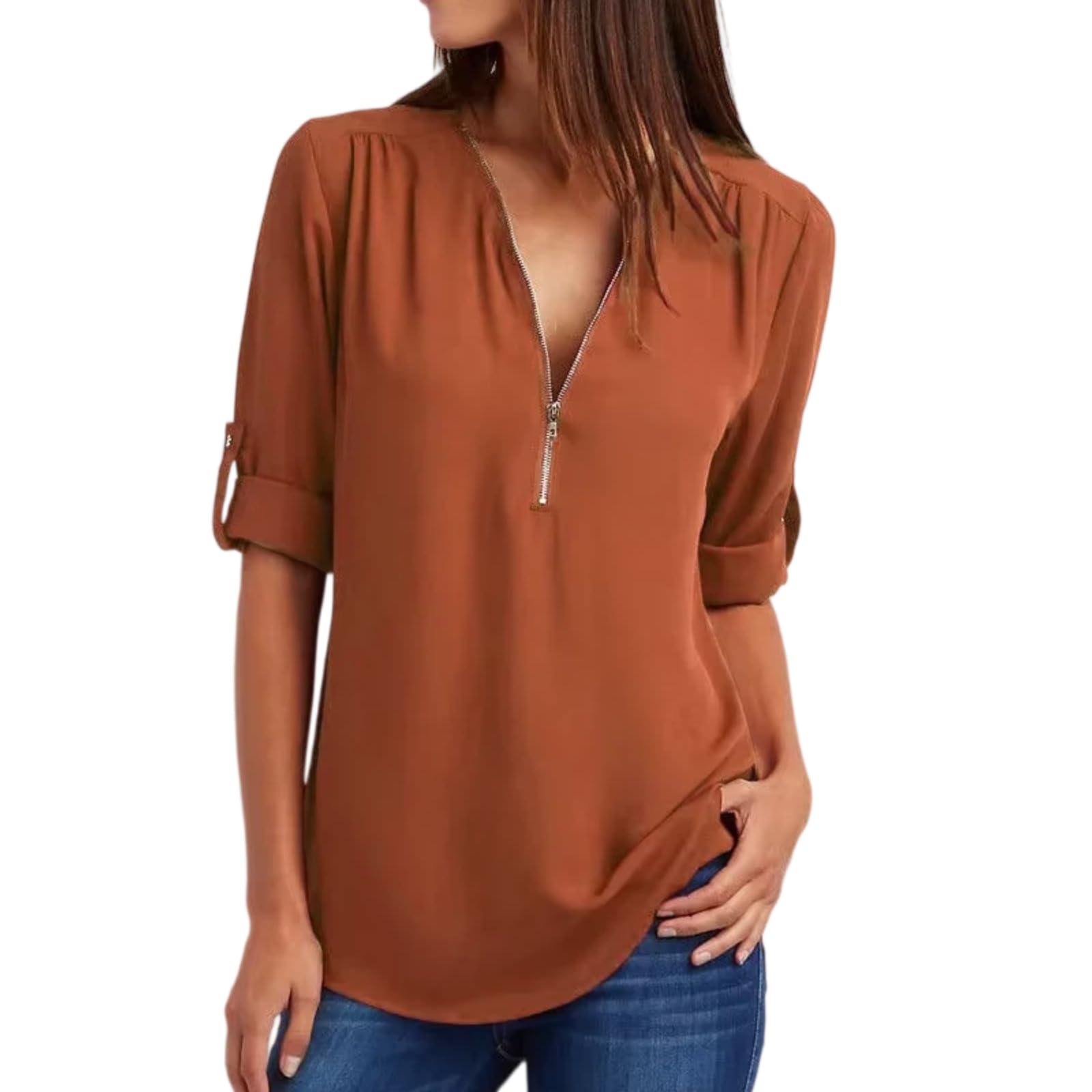 Blusa Mujer Cuello V Gasa con Cremallera Corte Holgado