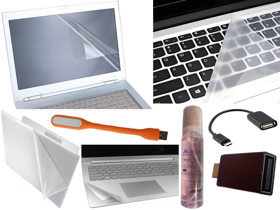 Image of Anjo 8 in 1 Combo Of 14 Inch & 16:9 Display Aspect Ratios Laptop Screen Protector, Key-Skin, Body Lamination Trackpad & Lid (Transparent), USB Light, Cleaner, Type C & Micro OTG.