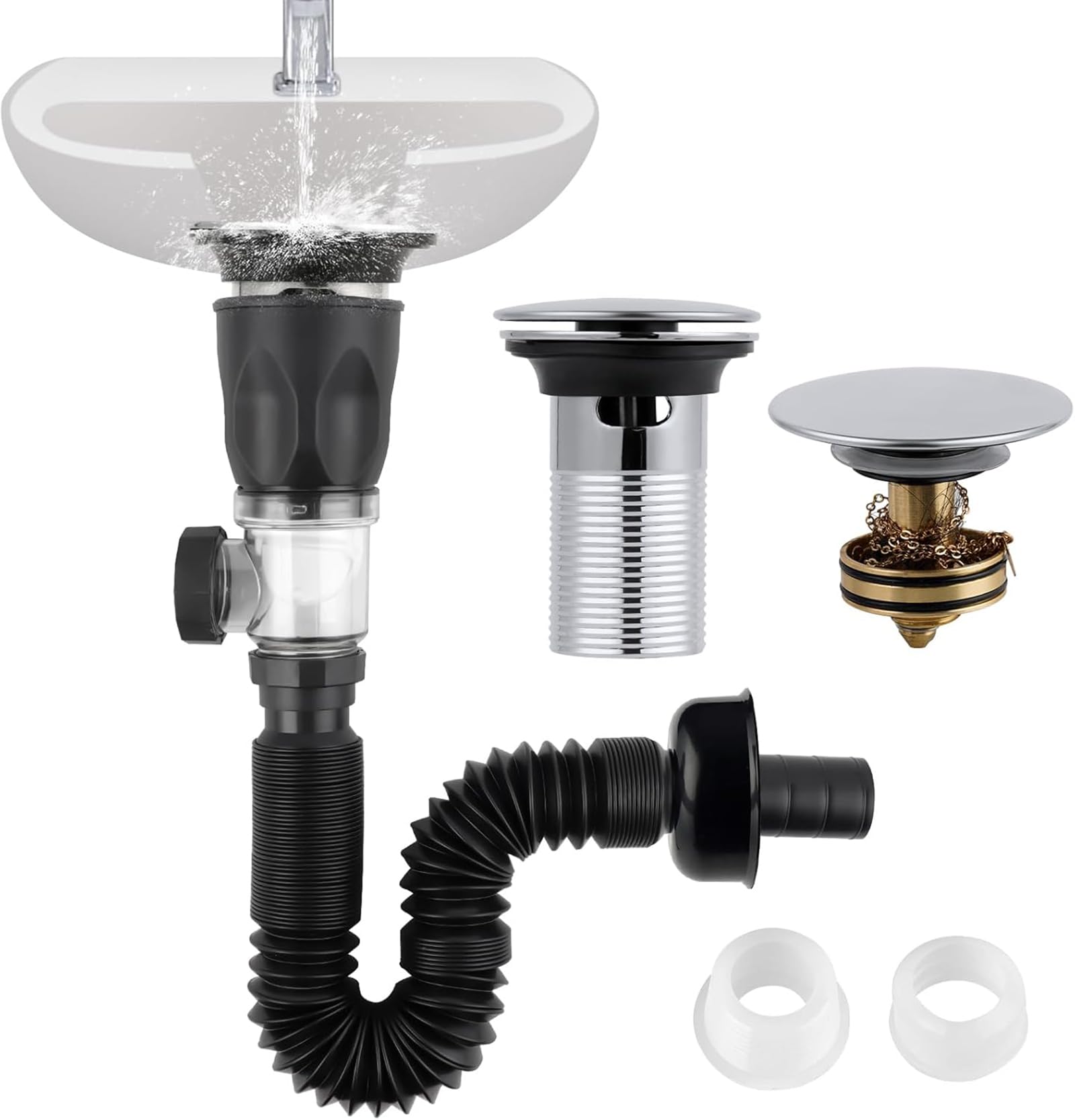 Kalttoy Multicolor Bathroom Sink Drain Filter Set Hair Catcher Included Odors Flexible Pipe 6.7" 37" Leak Proof Leakproof Flexible Pipe