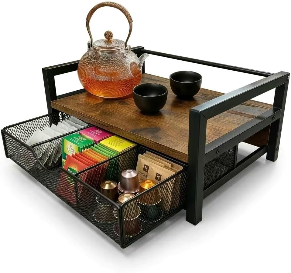 Tea Bag Organizer, Teabag Holder with Storage Drawer, 6 Compartments Multi-Functional Tea Station Chest, Countertop Suitable for kitchen offices
