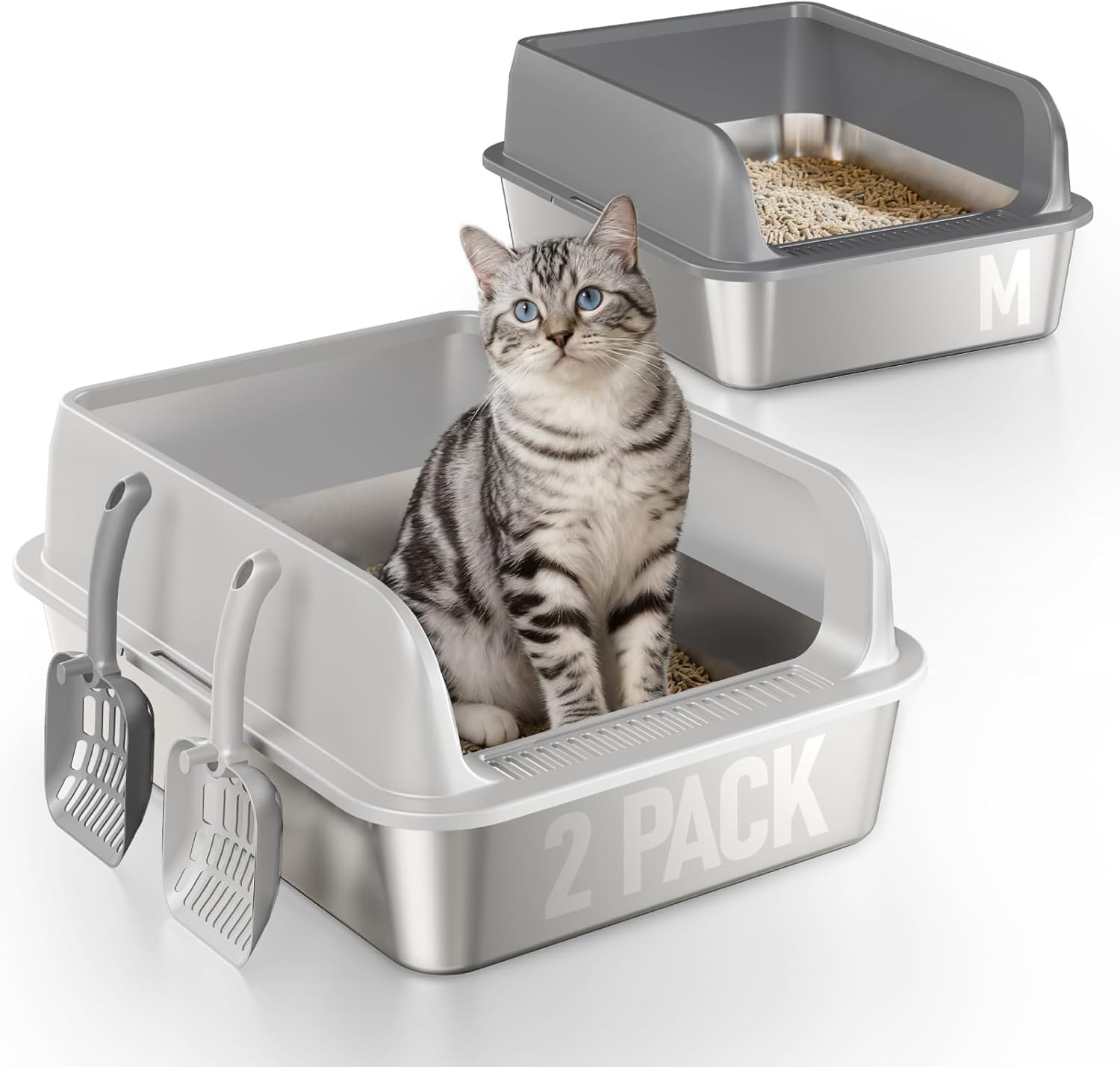 2 Pack Katzenklo Edelstahl Gehege mit Deckel, große Katzentoilette aus Edelstahl, Katzenklo Mit Hochwandigem Seitengehäuse, Nicht-Klebrig, Auslaufsicher & Einfach zu Reinigen, nklusive Schaufel, M