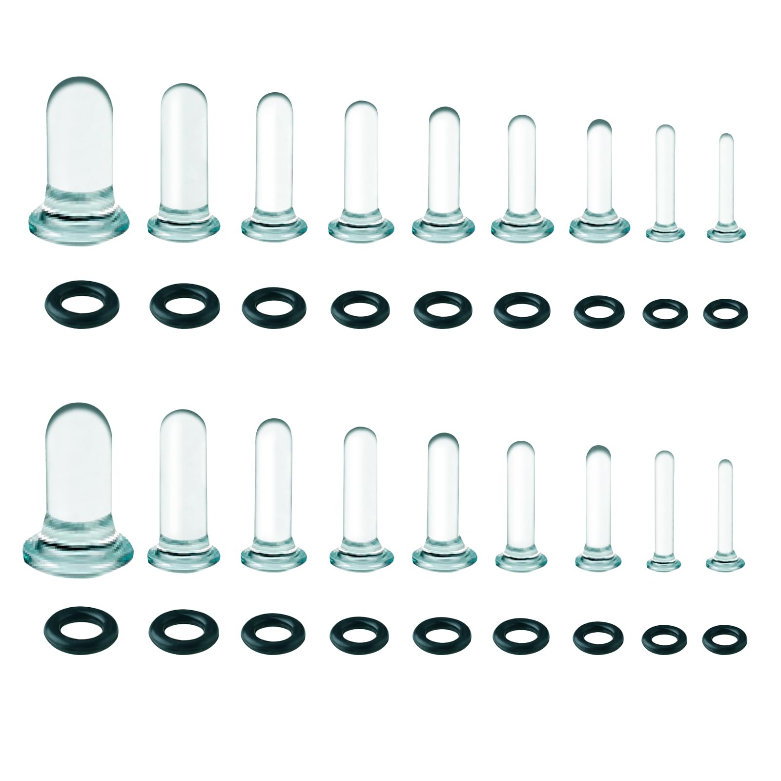 Kit di dilatazione dell'orecchio 14G-1G, 18 tappi per le orecchie in vetro, tappi in vetro svasato singolo con O-ring per espandere l'orecchio, calibri neri per orecchie, gioielli piercing