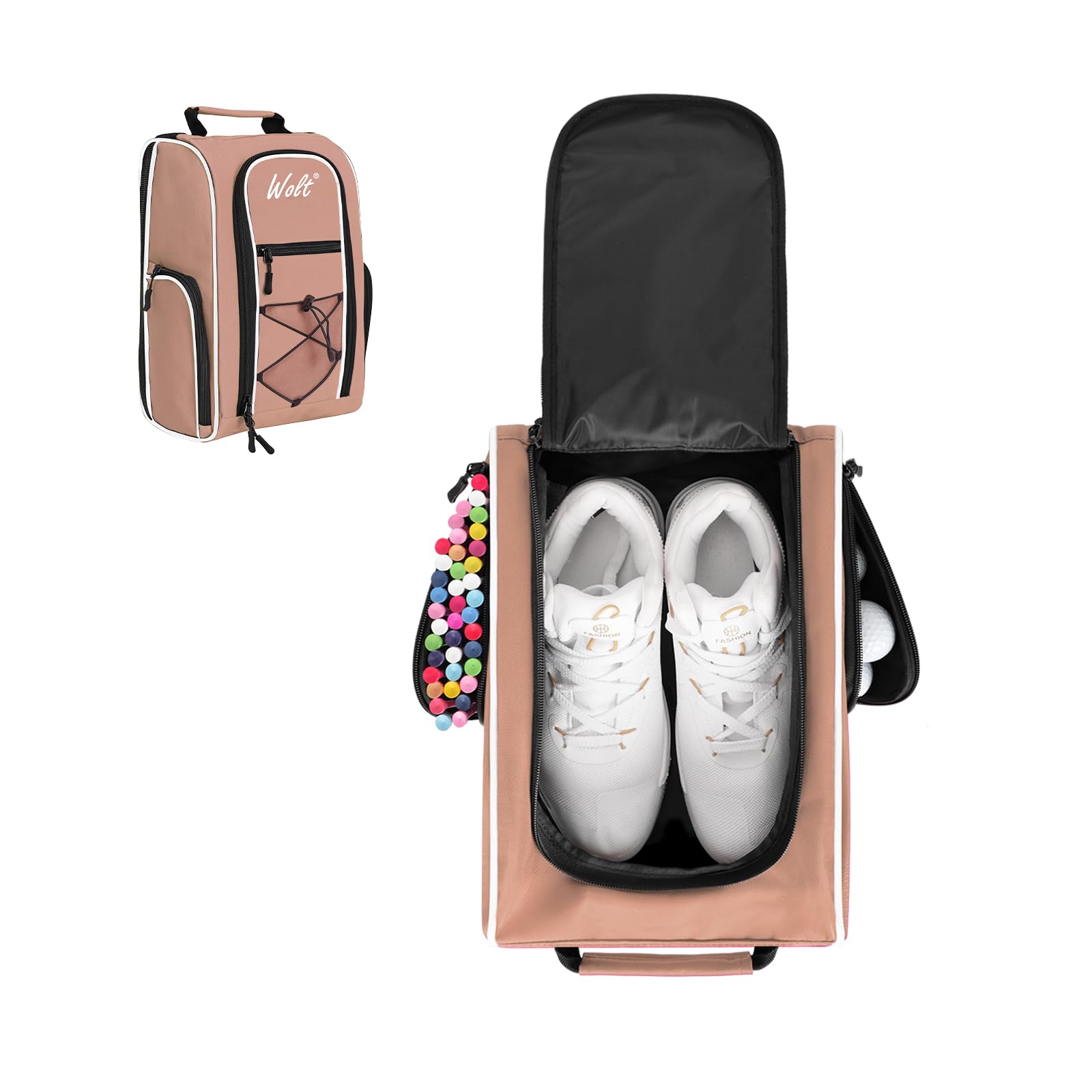 Wolt Golf Shoe Bag - Sports & Travel Shoes Carrier Bags with Ventilation & Double Outside Accessory Pocket for Socks, Tees, Golf Balls, Etc. for Women and Men (LightPink)