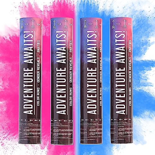 Adventure Awaits! - BABY GENDER REVEAL - 4-Pack Hand Held Air Filled Party Popper - 3 options: 4 Blue or 4 Pink or 2 Red/2 Blue - Check our store for other Color Run Festival colors! (2 Pink & 2 Blue)