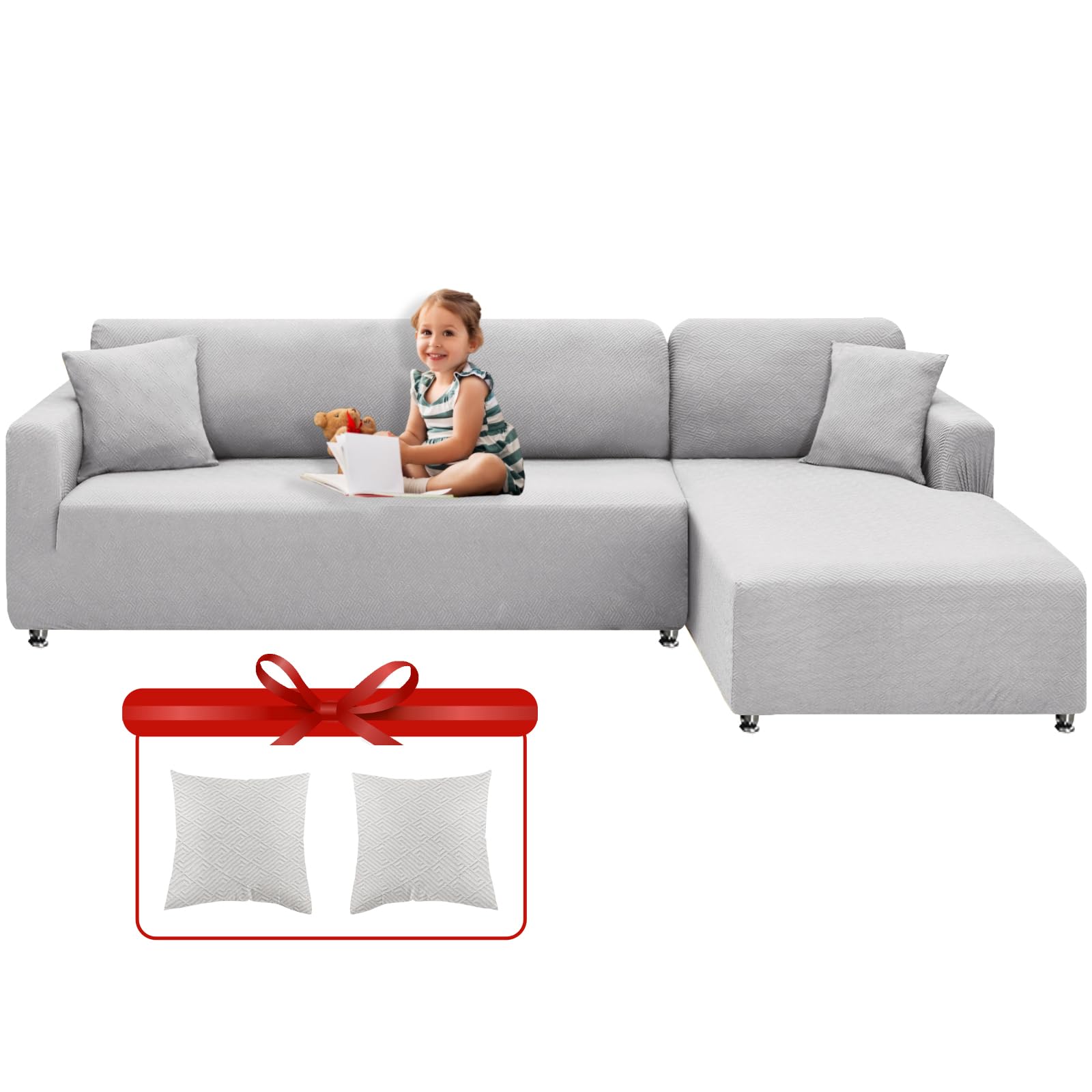 Sectional Couch Covers High Stretch 2 Pieces L Shape Sofa Cover with 2pcs Pillowcases Corner Couch slipcovers Chaise Cover with Elastic Bottom 3 Seats + 2 Seats (Silver Gray)