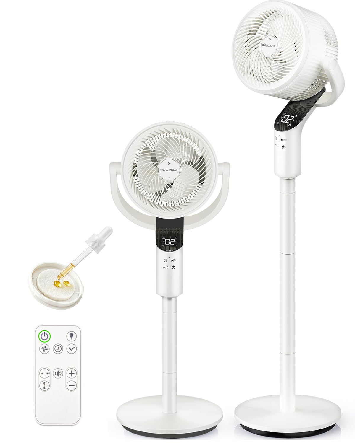 WOWDSGN 2026 Ventilateur sur pied, 22dB Ventilateur Silencieux, Vitesse du Vent 7.2 m/s, Oscillation 70°+80°, 8 Vitesses de Vent, 3 Modes, Avec Fonction Minuterie et Hauteur Réglable (Blanc)