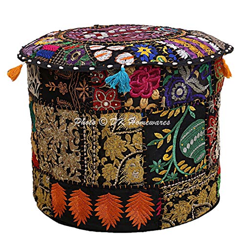 DK Homewares Indian Vintage Patchwork Pouffe Footstool Black Round Foot Stool Decorative Tuffet Cotton Embroidered Hassock Pouf Ottoman Cover Floral Traditional 22x22x14