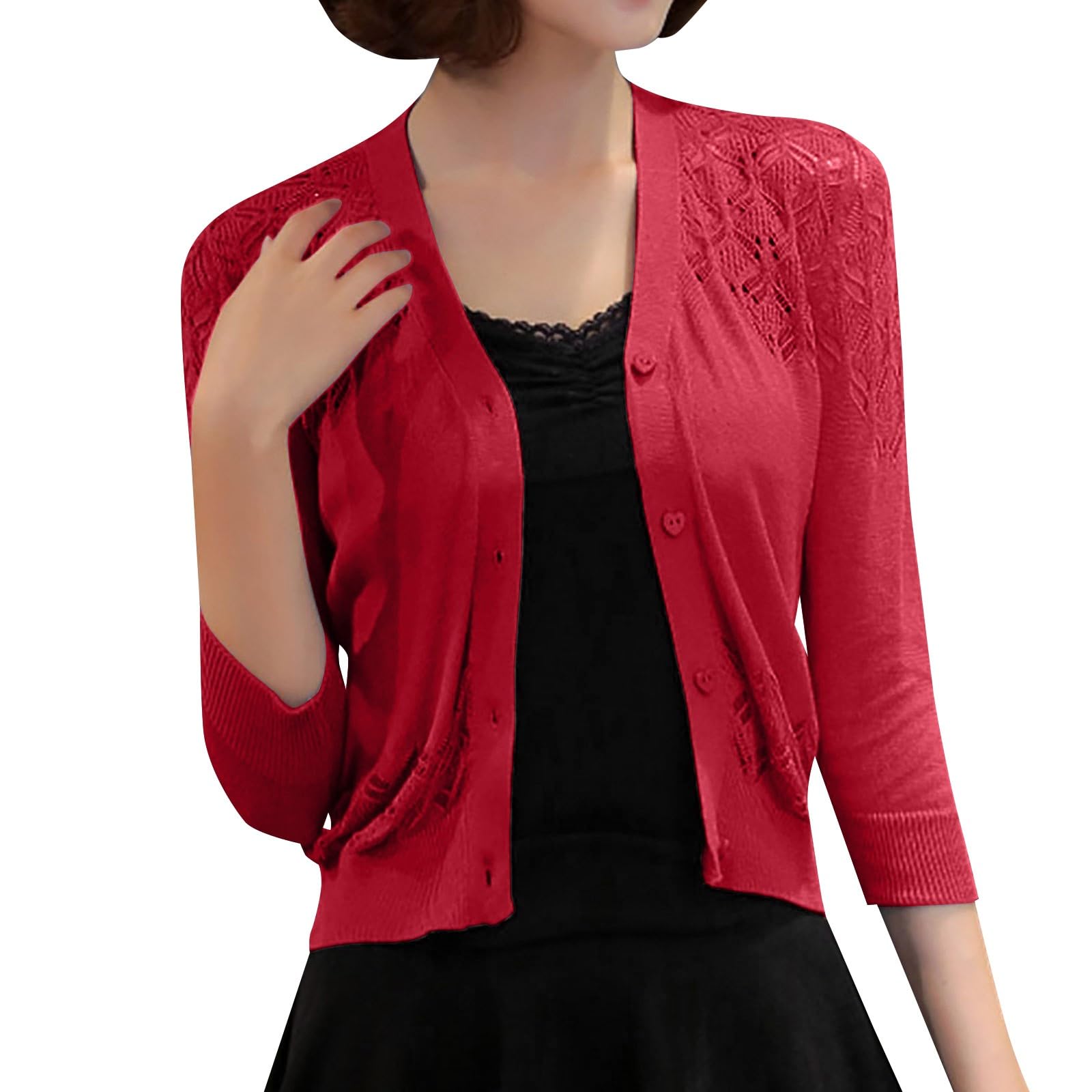 IQYU Cardigan à manches 3/4 - Noir - Léger - Court - Élégant - Boléro léger - Robe festive - Tricot - Boléro - Manteau en tricot - Veste courte - Veste de loisirs