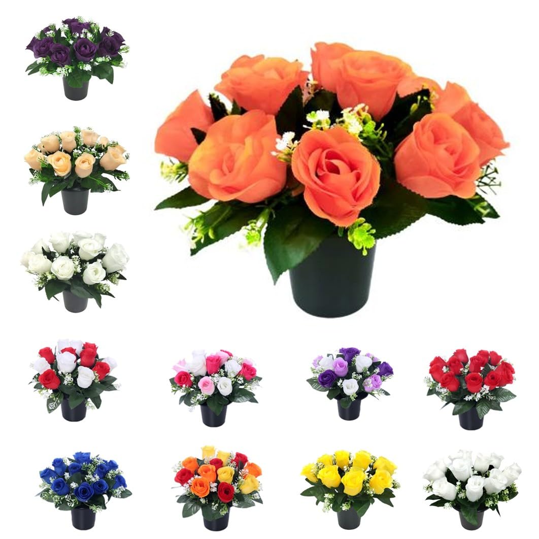 Mr. Barry's Beautiful Orange Rose Artificial Flowers in Grave Flower Pots – UV Resistant, Realistic, Long-Lasting Design for Cemetery Decorations, Grave Displays, Memorial Arrangement (Orange) — image 1