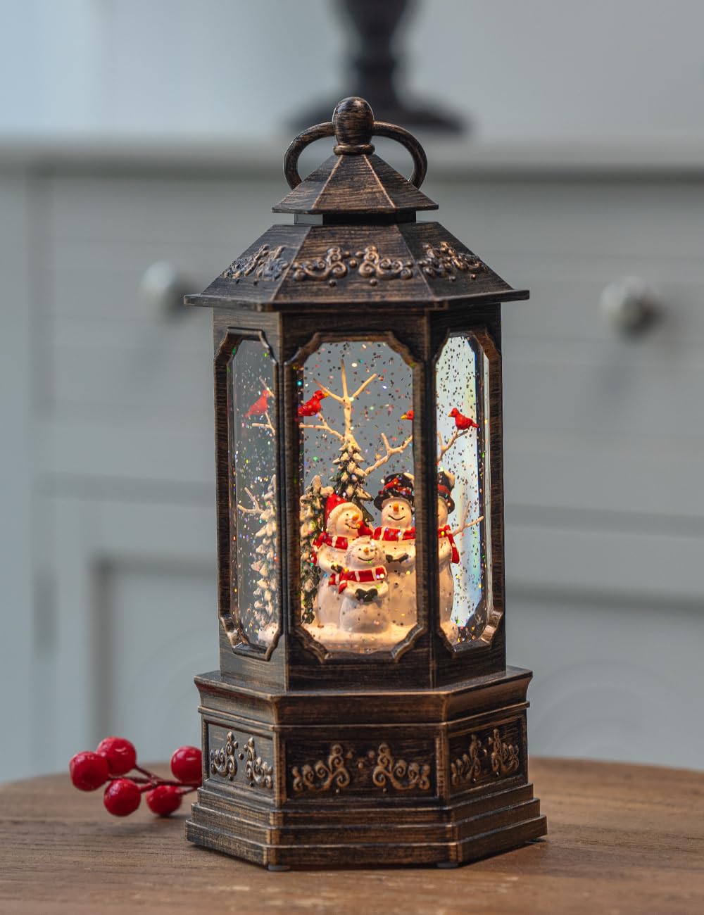 TIJNN 12" Christma Snow Globe Lantern, Snowman Choir Glitter hex Music Box, USB and Battery-Powered Decorations