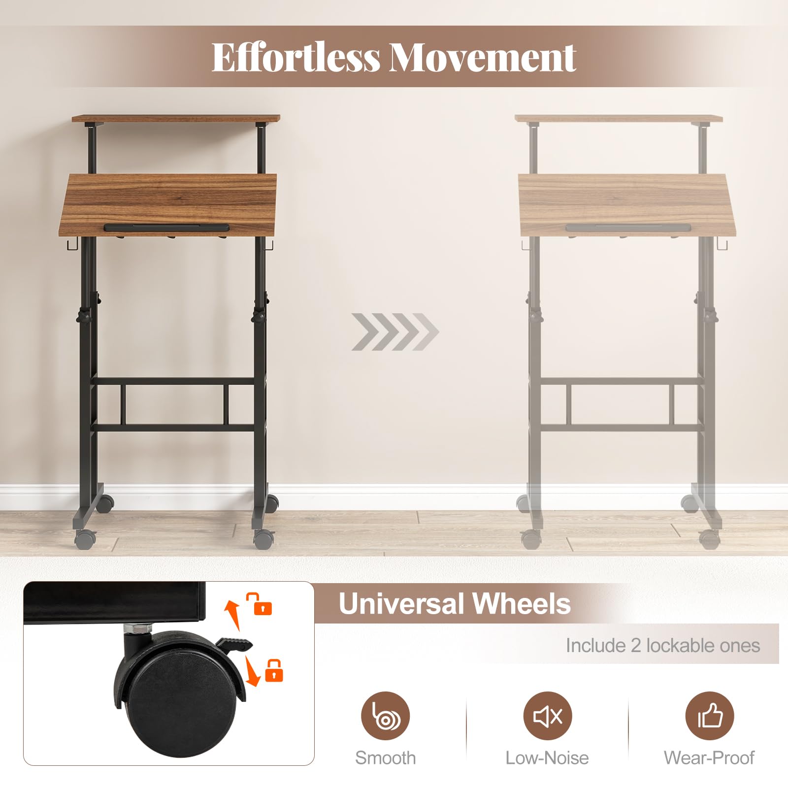 Giantex Mobile Standing Desk Portable Stand Up Desk Adjustable Height with Wheels Tilting Tabletop Hanging Hooks Home Office — view 6