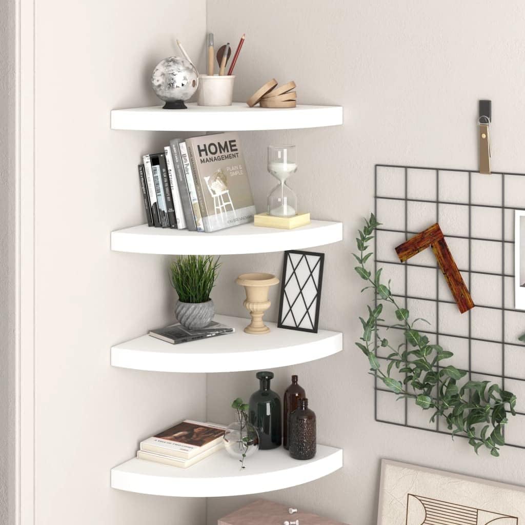 vidaxl 4 pcs floating corner shelves in white measuring 13.8"x13.8"x1.5", durable mdf and metal shelf for books and decorative display, easy installation with invisible mounting system 4 white 13.8" x 13.8" x 1.5"