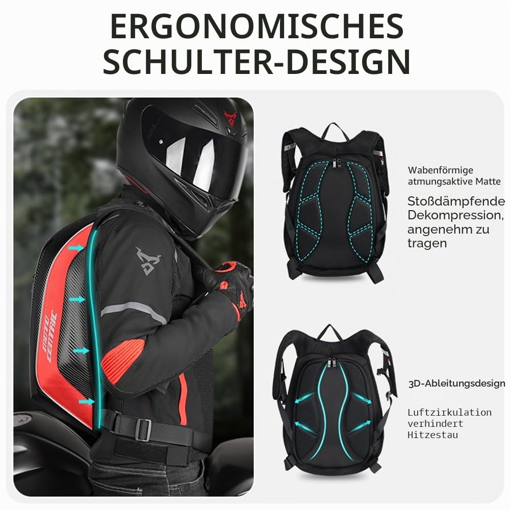 Motorrad-Rucksack, wasserdicht, Kohlefaser, Hartschale, reflektierend, für Motorrad-Reisekoffer