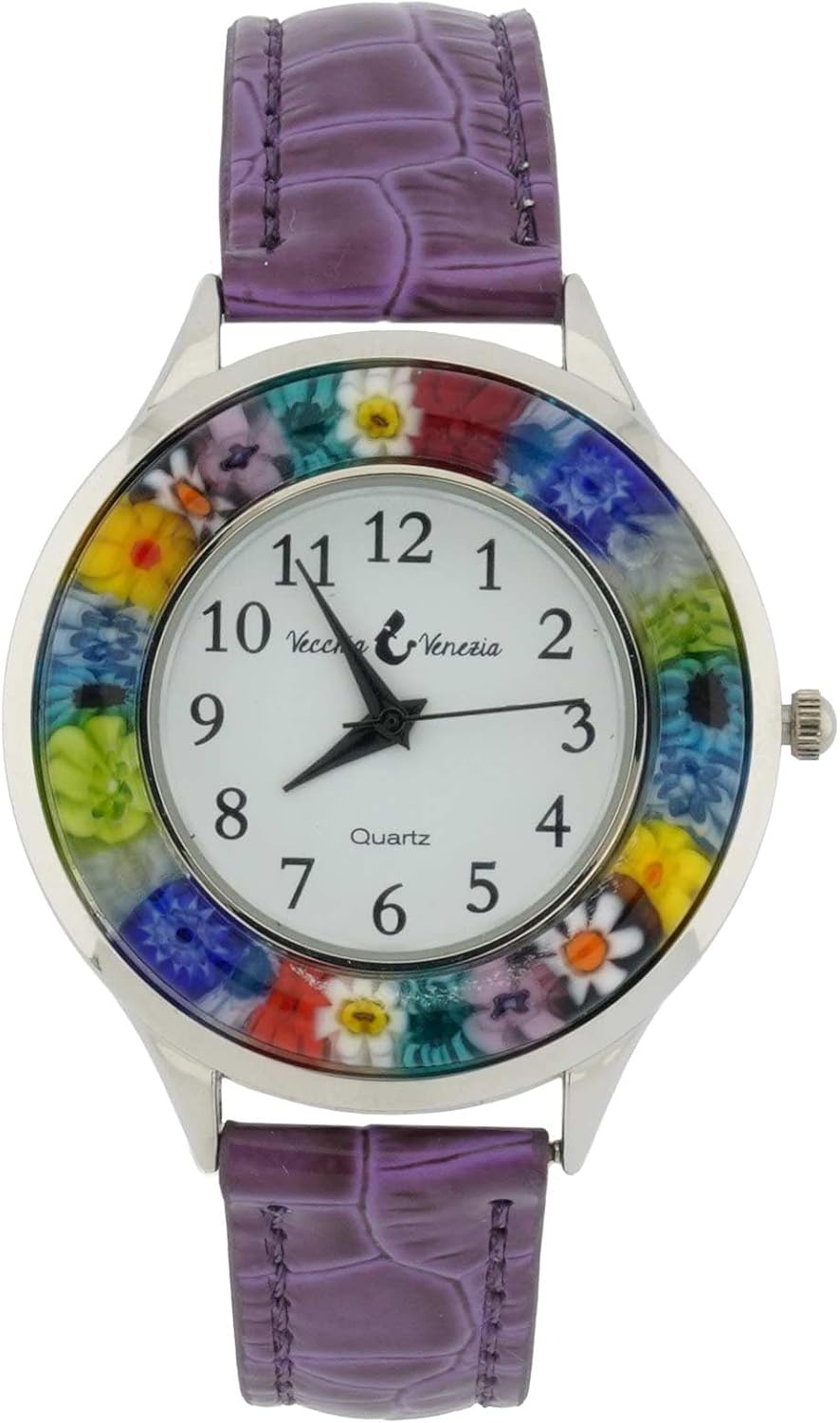 Glass Of Venice Serena Murano Millefiori Watch with Leather Band - Purple