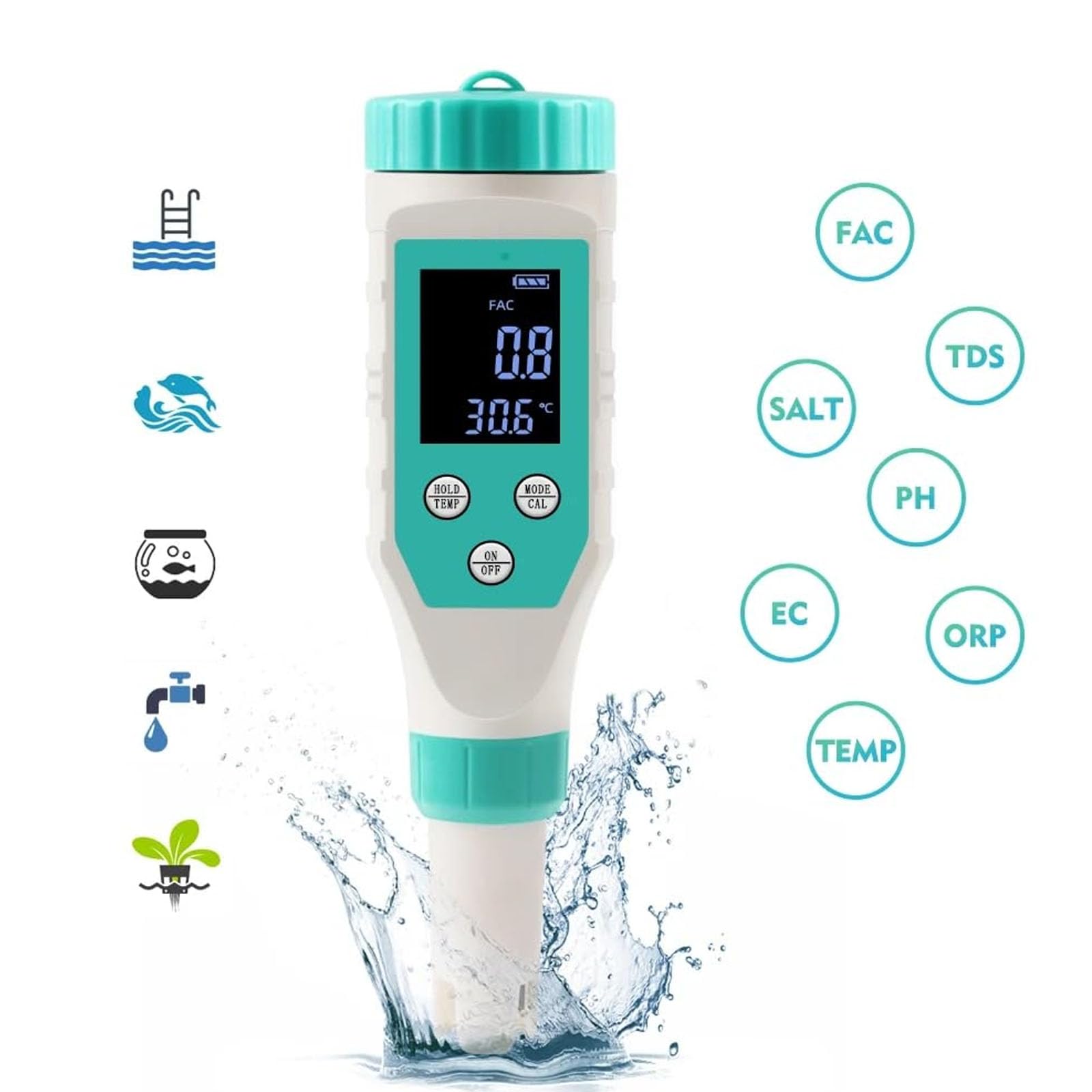 Misuratore della qualità dell'Acqua, Tester di Cloro 7 in 1 PH/Salt/ORP/TDS/EC/Temp for Piscina Acquario Spa Idroponica