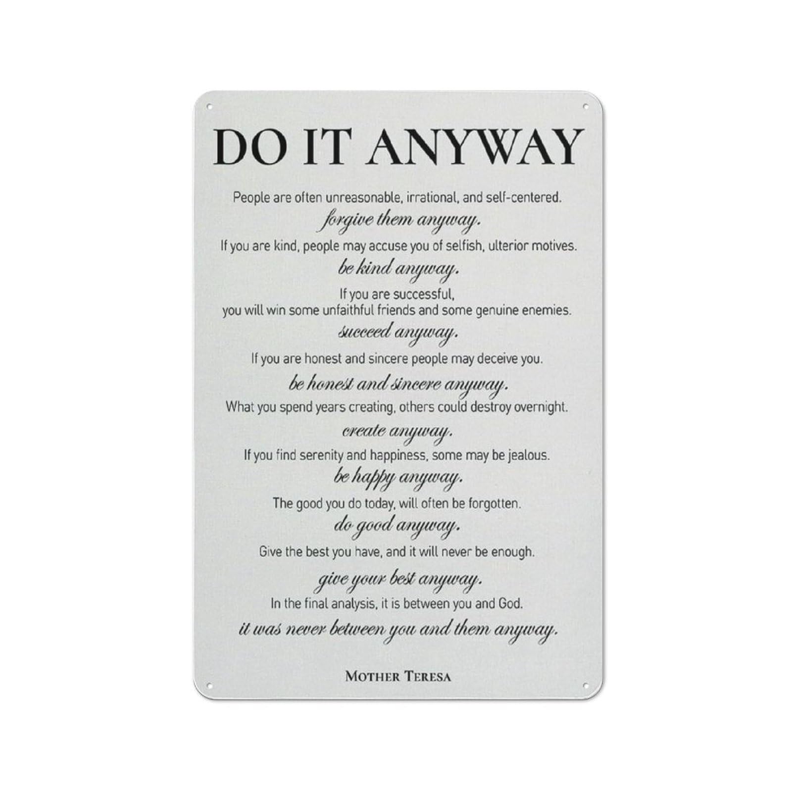 Jaesxxco Tin Sign26 Funny Sign Vintage Tin Metal Sign Inspirational Aluminum Sign Motivational Do It Anyway Quote Print Positive Painting Office Home Wall Decor Gift 5.5X8 Inch