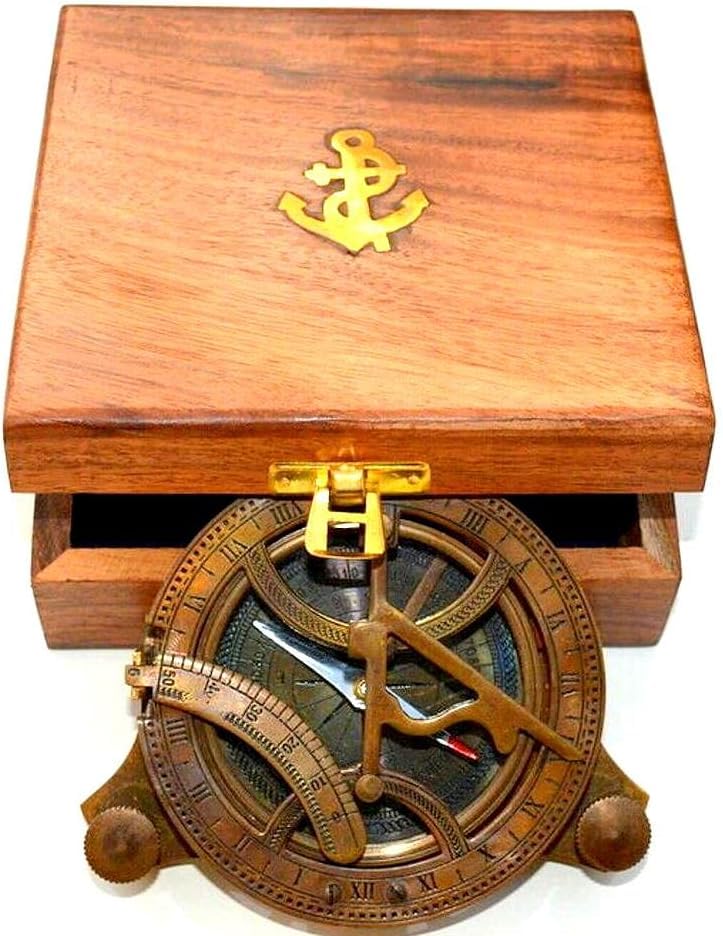 Brújula de Latón Vintage con Caja de Madera 4 Pulgadas miniatura 1