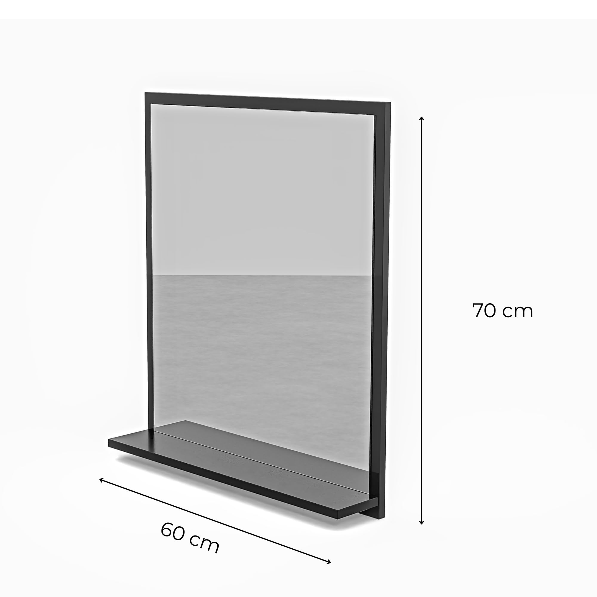 Gecheer Moderne zwarte badkamerspiegel, spiegel met plank, rechthoekig, badkamerspiegel aan de muur, wandspiegel, wandspiegel met frame 60 x 10,5 x 37 cm, van spaanplaat
