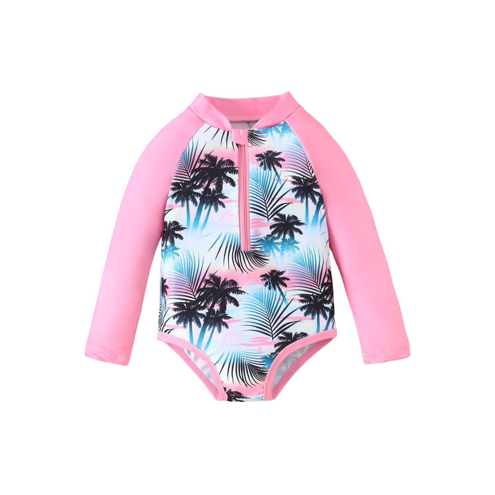 Generisch Bañador para niña con mangas largas, diseño tropical, protector solar, traje de baño para niños pequeños y niños