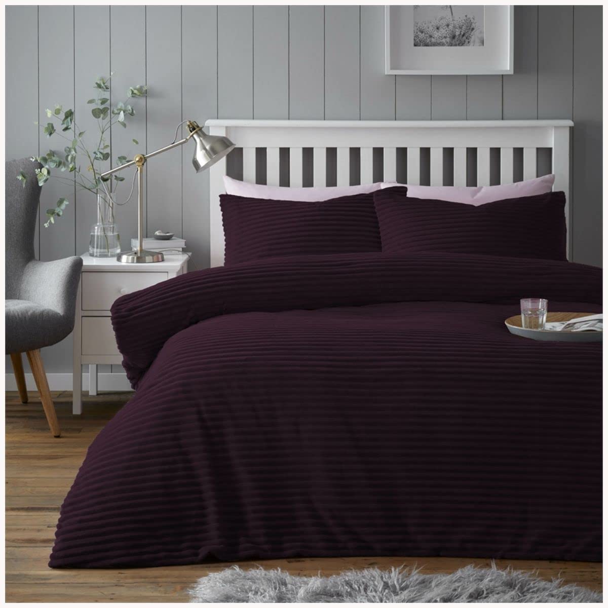 GC GAVENO CAVAILIA Teddy Fleece Duvet Cover Chunky Ribbed Bedding, Single, Purple