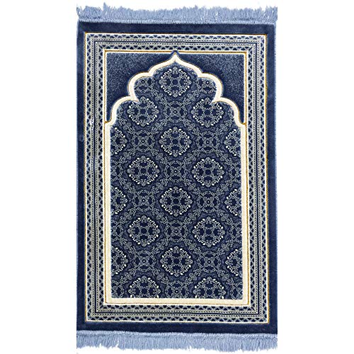 Modefa-Turkish-Islamic-Prayer-Rug-Soft-Velvet-Janamaz-Praying-Carpet-Comfortable-Muslim-Praying-Mat-for-Men-Women-Ramadan-or-Eid-Gift-with-Kufi-Prayer-Cap-Elegant-Swirl-Blue