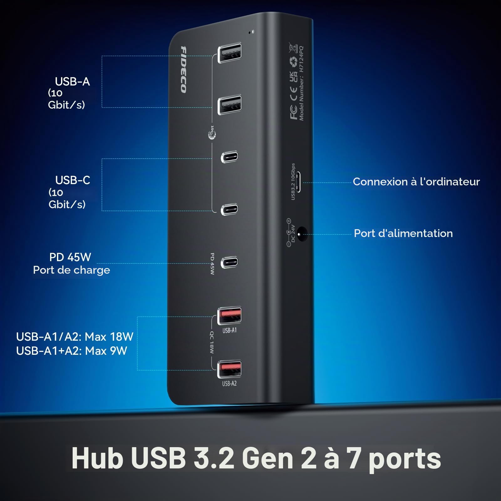 FIDECO Hub Alimenté 7 Ports 72W, Hub USB avec 1 PD 45W, 2 Ports de Charge QC 3.0 et 4 Ports 10Gbps USB 3.2 (2 USB-A + 2 USB-C), Hub USB en Aluminium pour Laptop, PC, MacBook, iPhone 17/16/15