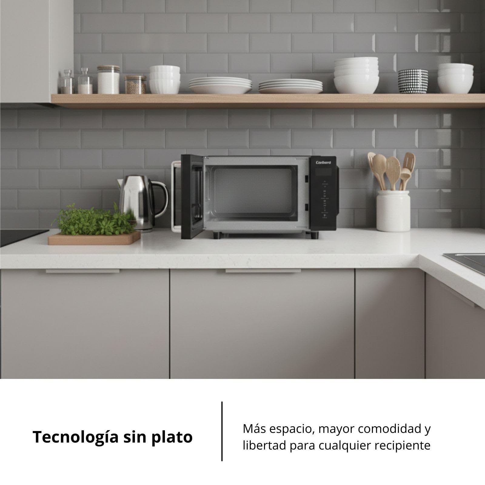 Corberó – Microonde senza piatto girevole con griglia | CMICW8023DF | 23L | 800W | Auto Menu | 5 Livelli di Potenza | Digital Touch | Funzione Sbrinamento | Pizza | Nero