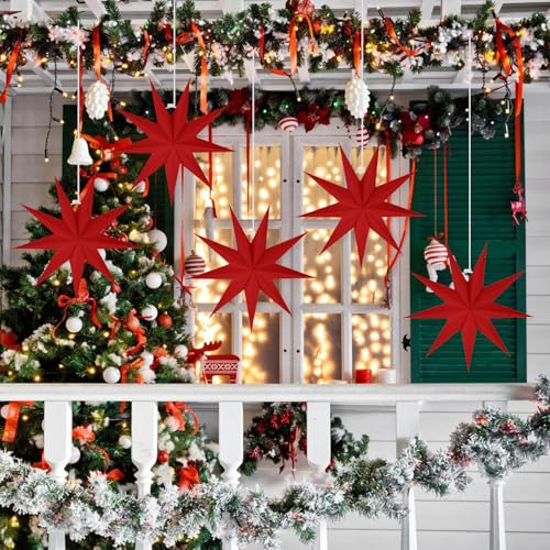 Image of 5 PCS 12 Inch Red Paper Star Lanterns - Modern Hanging Ornaments for Christmas & Home Decor