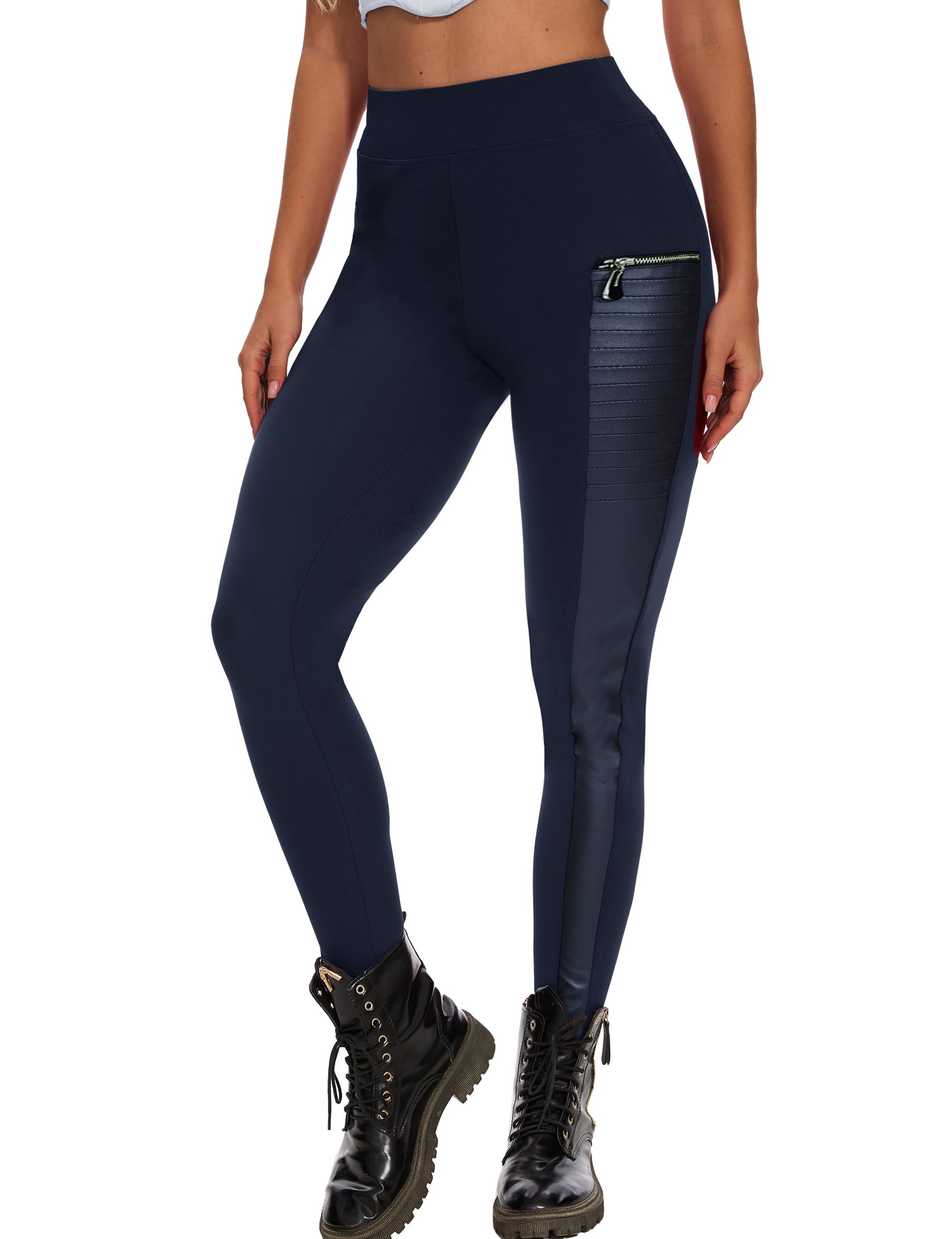 DAOAO Faux Leather Leggings for Women Pleather Pant Elastic Mid Waisted Stretchy Patch Zip Tights: X-Large Navy