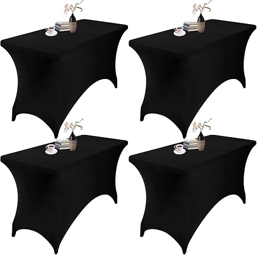 Miniatura 379 de Paquete de 2 manteles rectangulares impermeables de elastano, 6 pies, color negro, elástico, resistente a las manchas, para todas las estaciones