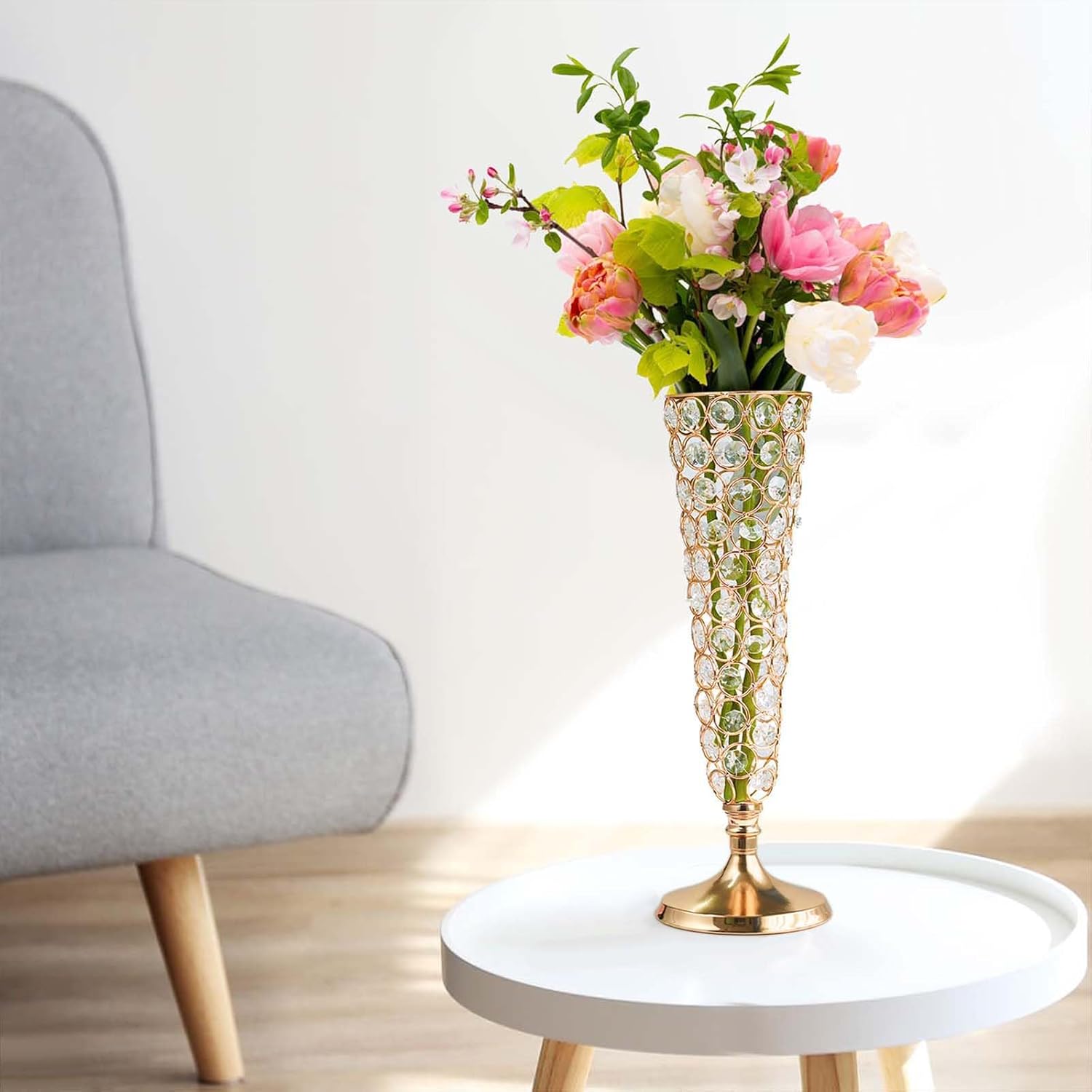 2 Pcs Gold Trumpet Vases - 13" Metal Crystal Vase for Artificial Flowers, Wedding Centerpiece, Home Table Decor,Faux Floral Arrangement Display