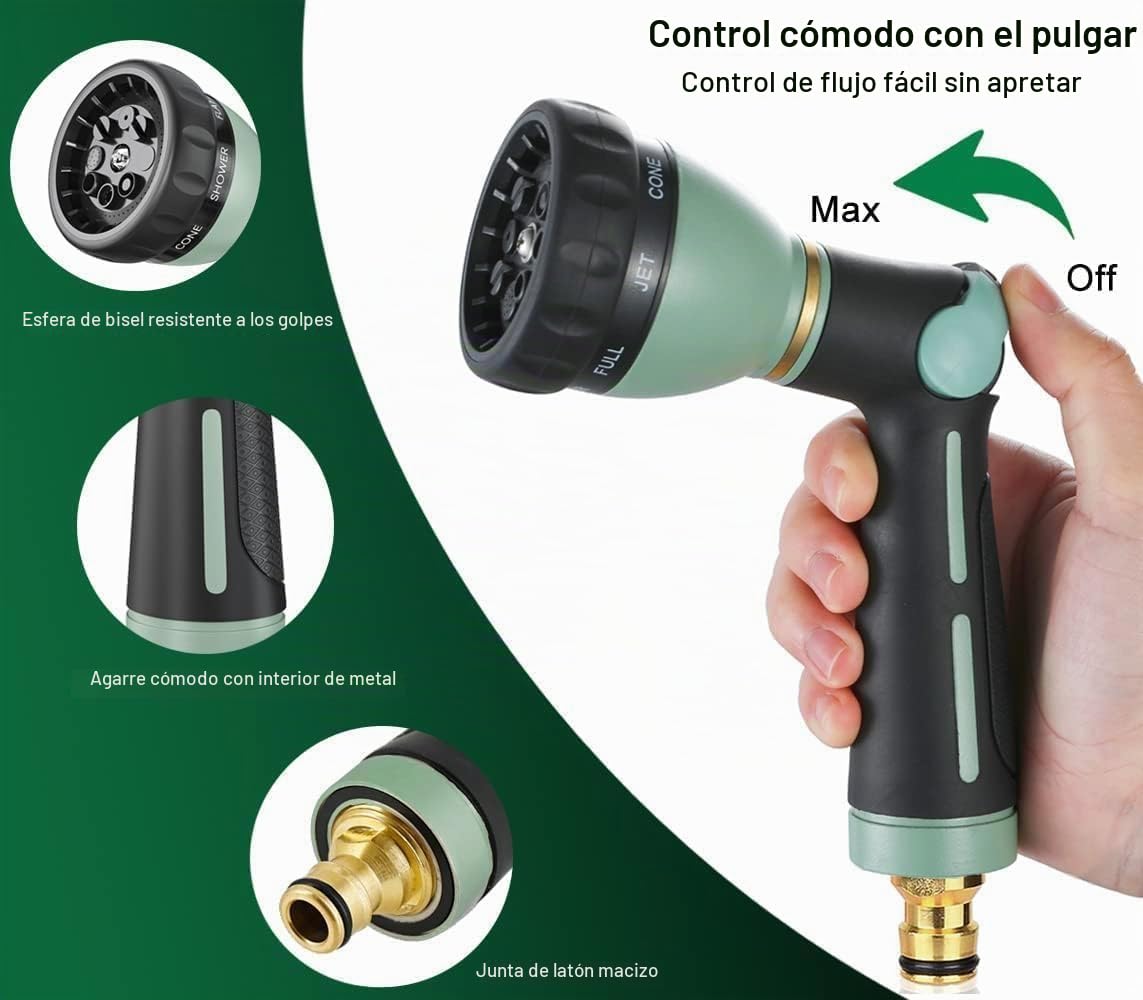 FANHAO Pistola de Riego, 100% metal resistente Pistola de Agua para Jardín, 8 Modos Ajustables, Pistola de Manguera con Interruptor de Pulgar para Riego de Césped