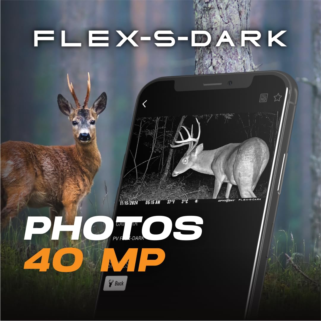 SPYPOINT Flex-S-Dark Caméra de Chasse cellulaire Solaire, Panneau Solaire intégré, Photos 40MP, vidéos 1080p avec Son, caméra sans Lueur Infrarouge, Vision Nocturne, détection de Mouvement | Provenance France. Emballage securisé. Livré avec Facture dont T