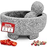 PriorityChef Granite Mortar and Pestle Set - 8 Inch Natural Stone Molcajete Mexicano for Spices, Seasonings, Pastes - Pestle and Mortar Bowl for Fresh Guacamole, Salsa, Pesto, Large, Grey