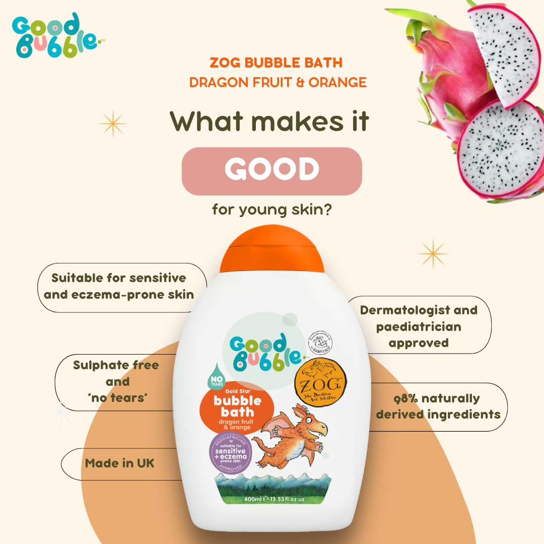 Good Bubble Zog - Baño de burbujas con fruta de dragón y naranja, 400 ml para pieles sensibles y propensas a eccemas, baño de burbujas vegano para niños pequeños